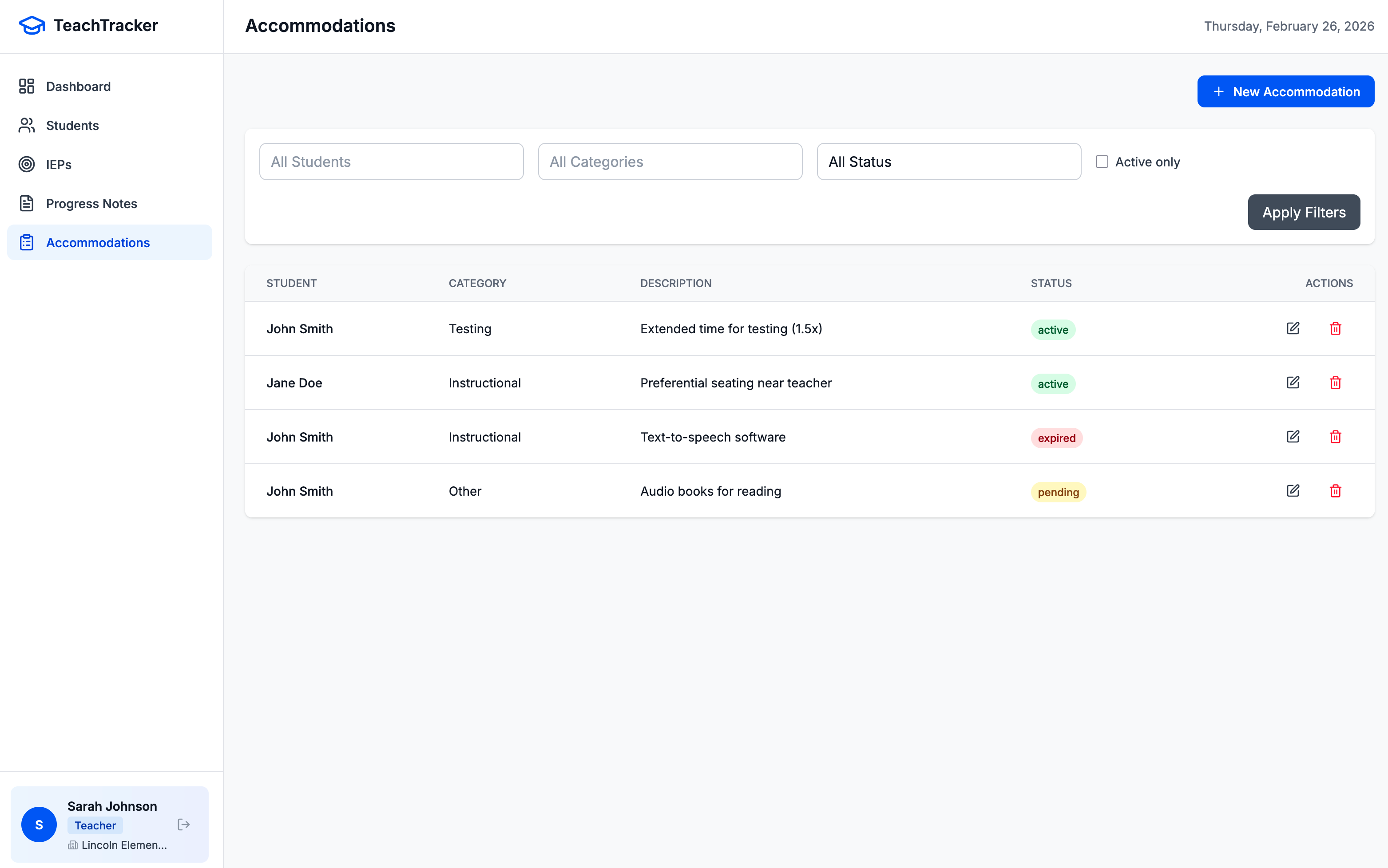 TeachTracker accommodations view connecting teachers and students