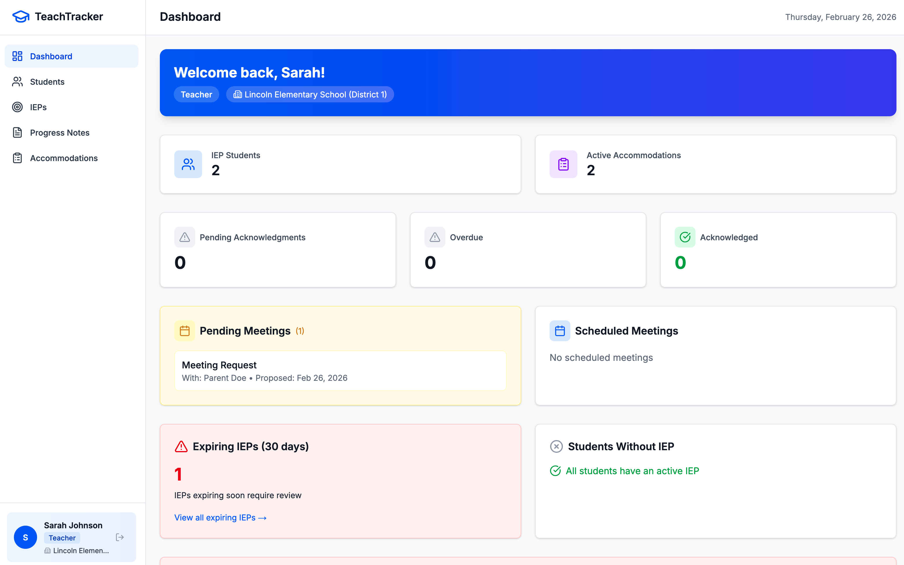 TeachTracker dashboard showing caseload and compliance status