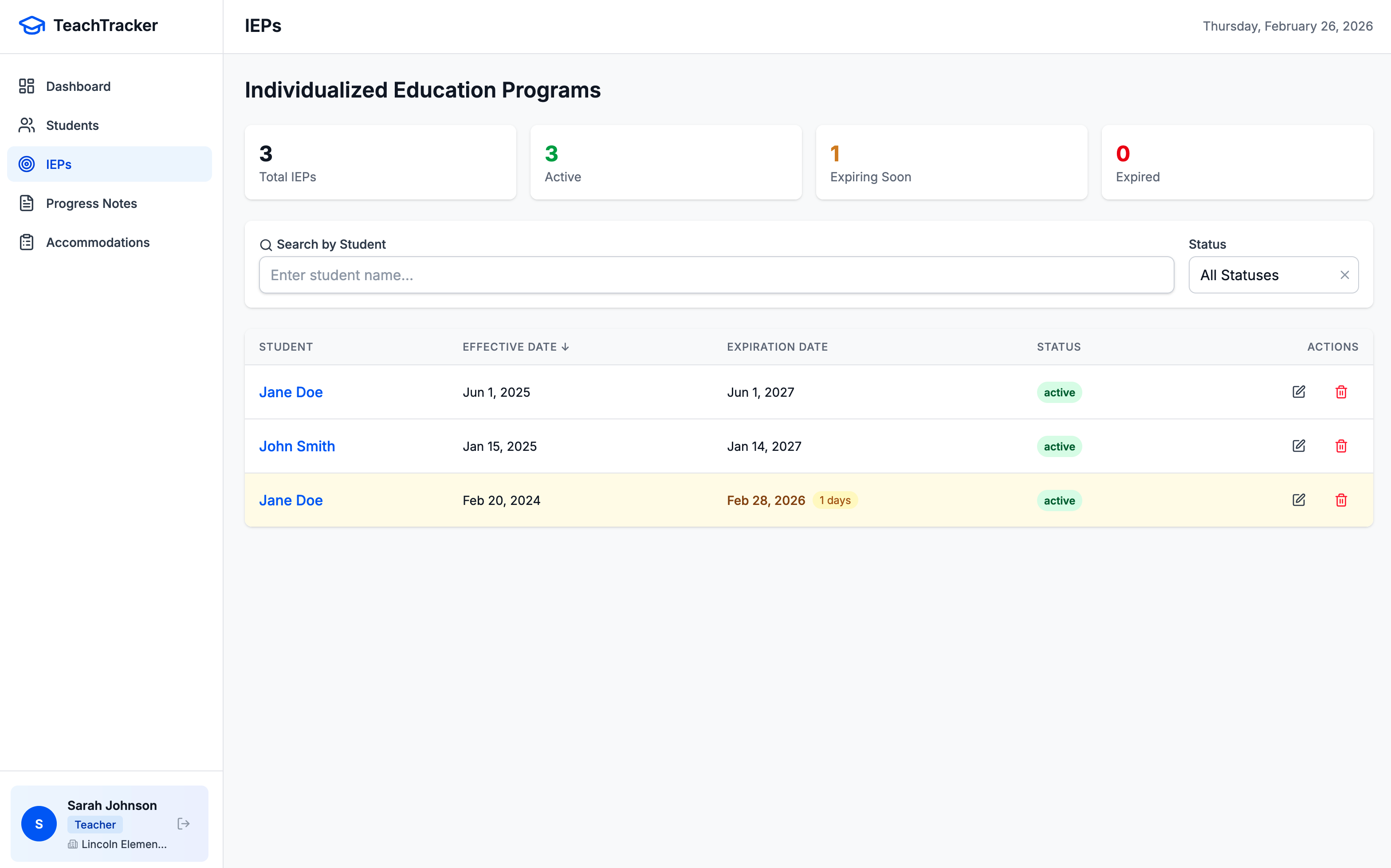 TeachTracker IEP editing screen with structured fields